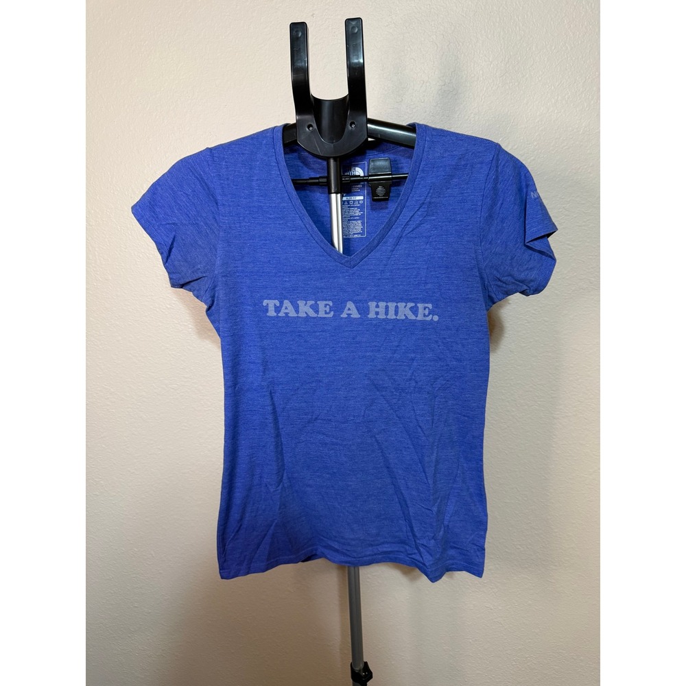 The North Face Womens Small Blue Take A Hike Graphic V-Neck Slim Fit T-Shirt